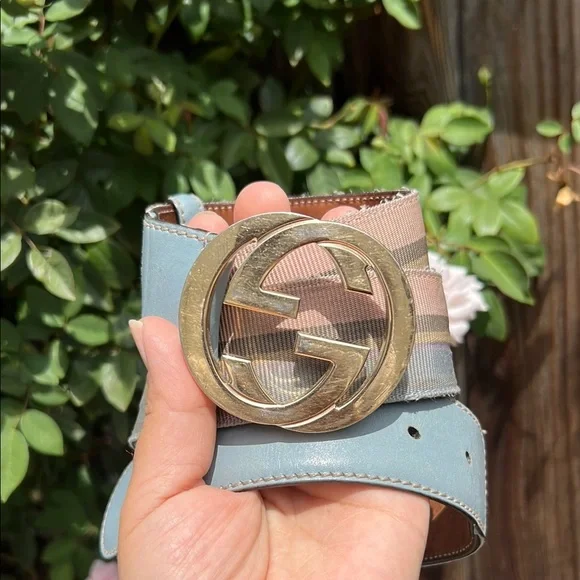 Gucci Multicolor Stripe Canvas and Leather Interlocking G Buckle Belt . Size 36 - Picture 1 of 17